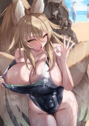 1girl 2boys absurdres animal_ears bare_arms beach black_one-piece_swimsuit blue_male_swimwear blush breasts brown_eyes brown_hair cleavage collarbone commission competition_swimsuit day enoha fox_ears fox_girl fox_tail hair_between_eyes highres huge_breasts long_hair looking_at_viewer male_swimwear multiple_boys ocean one-piece_swimsuit open_mouth original outdoors red_male_swimwear rock saliva saliva_trail skeb_commission solo_focus standing suirin_(tukikagerou) swimsuit tail tongue tongue_out
