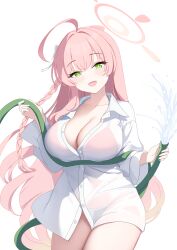 1girl absurdres ahoge baozi_9527 bikini bikini_under_clothes blue_archive blush breasts cleavage collarbone halo hanako_(blue_archive) hanako_(swimsuit)_(blue_archive) highres holding holding_hose hose huge_ahoge large_breasts long_braid long_hair looking_at_viewer no_pants official_alternate_costume open_collar pink_hair red_bikini shirt simple_background smile solo swimsuit very_long_hair white_background white_shirt