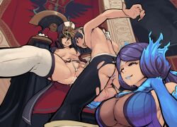 1boy 2girls absurdres blue_fire blue_hair blue_lips boxman brighid_(xenoblade) brother_and_sister brown_hair caressing_testicles colored_tongue cum ejaculation fiery_hair fire group_sex half-closed_eyes highres incest large_penis large_testicles lipstick_mark lipstick_mark_on_anus lipstick_mark_on_ass long_hair morag_ladair_(xenoblade) multiple_girls niall_ardanach penis purple_eyes purple_hair saliva saliva_trail sex siblings testicles threesome torn_clothes vaginal white_hair xenoblade_chronicles_(series) xenoblade_chronicles_2