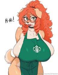 1girl animal_ears animal_nose apron arms_behind_back artist_name bare_shoulders blush body_freckles body_fur breasts collarbone dog_ears dog_girl dog_tail drill_hair drill_sidelocks english_text fang freckles furry furry_female green_apron green_eyes hair_between_eyes hair_tie helicopterfood highres huge_breasts leaning_forward long_hair looking_at_viewer mature_female naked_apron nose_blush open_mouth orange_fur patreon_username ponytail sideboob sidelocks simple_background snout solo starbucks tail twin_drills two-tone_fur watermark web_address white_background white_fur