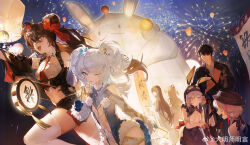 1boy 6+girls absurdres aki_(neural_cloud) animal_ears bandeau blue_eyes blue_gloves blue_ribbon braid brown_hair calligraphy chinese_clothes chinese_new_year croque_(neural_cloud) daiyan_(neural_cloud) damingshimingyan detached_collar double_bun fingerless_gloves fireworks florence_(neural_cloud) fur_trim girls&#039;_frontline girls&#039;_frontline_neural_cloud gloves goggles goggles_on_head hair_bun hat highres jiangyu_(neural_cloud) kuro_(extravagant_divination)_(neural_cloud) kuro_(neural_cloud) lantern long_hair looking_at_viewer mdr_(girls&#039;_frontline) multiple_girls necktie official_art one_eye_closed pa-15_(girls&#039;_frontline) paper_lantern rabbit_ears red_necktie red_ribbon ribbon sakuya_(neural_cloud) tongue tongue_out twintails type_95_(girls&#039;_frontline) type_97_(girls&#039;_frontline) watermark weibo_username weibo_watermark white_bandeau white_hair yellow_eyes