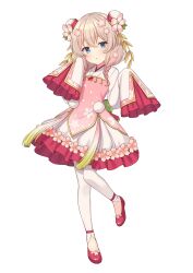 1girl asumi_shuo blonde_hair blue_eyes braid bun_cover child dot_nose double-parted_bangs double_bun dress flat_chest flower flower_request flower_trim frilled_dress frilled_sleeves frills full_body gradient_hair hair_bun hair_flower hair_ornament hands_up highres leggings light_blush long_hair looking_at_viewer low_twin_braids medium_hair multicolored_hair parted_lips pink_dress pink_flower pink_hair pink_shoes pom_pom_(clothes) shiromikan shoes short_dress simple_background sleeves_past_fingers sleeves_past_wrists solo standing standing_on_one_leg transparent_background twin_braids voicepeak white_dress white_leggings