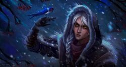 1girl bird black_gloves blizzard braid braided_ponytail by_kirie ciri gloves highres hood looking_at_animal outdoors snow solo the_witcher_(series) the_witcher_4 upper_body white_hair yellow_eyes