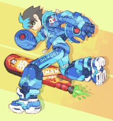 alternate_costume anniversary arm_cannon armored_boots blue_boots blue_helmet blue_jacket boots brown_hair character_name copyright_name green_eyes helmet holding holding_helmet hood hooded_jacket hoverboard jacket mega_man_(character) mega_man_(series) nakayama_tooru no_headwear short_hair spiked_hair weapon yellow_background