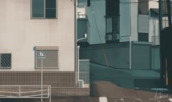 air_conditioner building fence garage hakuurei_amano highres no_humans original outdoors road road_sign scenery shadow sign street watermark window