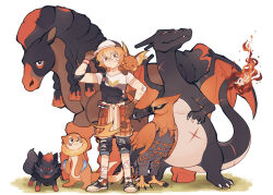 1girl absurdres adjusting_clothes adjusting_headwear alternate_color animal animal_on_shoulder arm_up bandaged_leg bandages baseball_cap black_overalls brown_eyes brown_gloves buizel charizard closed_mouth clothes_around_waist commentary elbow_gloves english_commentary full_body gauze_on_arm gauze_on_knee gen_1_pokemon gen_4_pokemon gen_5_pokemon gen_6_pokemon gen_7_pokemon gloves grass hand_on_own_hip hat highres holding holding_unworn_clothes holding_unworn_hat huckypaw jacket jacket_around_waist looking_at_viewer mudsdale nintendo orange_hair orange_jacket orange_theme original overalls plaid_clothes plaid_jacket poke_ball pokemon pokemon_(creature) raichu scar scar_on_arm scar_on_leg shiny_pokemon shirt short_hair short_sleeves simple_background single_elbow_glove solo standing suspenders suspenders_slip t-shirt talonflame unworn_hat unworn_headwear waist_poke_ball white_background white_shirt zorua