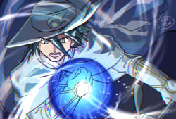 1boy black_hair blurry cape clenched_hand commentary_request floating_cape gloves glowing grey_eyes hair_between_eyes hat highres holding holding_staff jacket male_focus nintendo open_mouth pokemon pokemon:_lucario_and_the_mystery_of_mew pokemon_(anime) pokemon_rse_(anime) sasami_642 short_hair signature sir_aaron solo spiked_hair staff teeth tongue upper_teeth_only