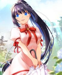 Rule 34 | black hair, blue eyes, blue sky, closed umbrella, cloud, crown ornament, day, dress, kazamatsuri institute high school uniform, konohana lucia, long hair, misaki juri, open mouth, outdoors, pink dress, ponytail, red ribbon, rewrite, ribbon, school uniform, sky, smile, summer uniform, teeth, umbrella, upper teeth only