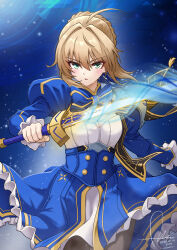 Rule 34 | 1girl, absurdres, ahoge, artoria pendragon (fate), blonde hair, blue background, blue dress, braid, braided bun, breasts, cleavage, commentary request, crossover, dasoin, dress, excalibur (fate/stay night), fate/stay night, fate (series), green eyes, hair bun, highres, holding, holding sword, holding weapon, honkai: star rail, honkai (series), medium breasts, saber (fate), saber (honkai: star rail) (fate), short hair, solo, sword, weapon