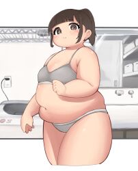 1girl absurdres bathroom blush bra breasts brown_eyes brown_hair fat fat_woman from_side grey_bra grey_panties highres indoors medium_hair nantekottai25 navel original panties plump ponytail pout sink small_breasts solo standing thick_arms thick_thighs thighs training_bra underwear