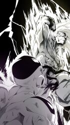 Rule 34 | 2boys, abs, absurdres, aura, battle, dragon ball, dragonball z, frieza, full power frieza, greyscale, highres, male focus, monochrome, multiple boys, muscular, muscular male, nishitakuart, son goku, spiked hair, super saiyan, super saiyan 1, topless male
