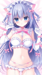Rule 34 | 1girl, animal ear fluff, animal ears, blue eyes, blush, bow, bra, breasts, cat ears, cat girl, cat tail, cleavage, elbow gloves, frills, garter straps, gloves, grey hair, hair bow, hair ornament, hasune, headdress, highres, large breasts, long hair, looking at viewer, navel, original, panties, pink bow, solo, stomach, tail, underwear, very long hair, white bra, white gloves, white panties