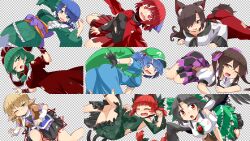6+girls animal_ears arm_cannon ass black_gloves black_hair black_skirt blonde_hair blue_dress blue_eyes blue_hair bow breasts brooch brown_hair brown_shirt cape cat_ears cat_girl dress feathered_wings gloves green_bow green_dress green_eyes green_hair green_kimono green_skirt hair_ribbon hat hemogurobin_a1c highres himekaidou_hatate imaizumi_kagerou japanese_clothes jewelry kaenbyou_rin kagiyama_hina kawashiro_nitori kimono long_hair looking_at_viewer mizuhashi_parsee multiple_girls pointy_ears purple_bow red_bow red_cape red_dress red_eyes red_hair red_ribbon reiuji_utsuho ribbon scarf sekibanki shirt short_hair skirt tokin_hat torn_clothes touhou twintails wakasagihime weapon white_scarf white_shirt wings wolf_ears wolf_girl