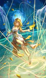 1girl absurdres aglaea_(honkai:_star_rail) arm_tattoo artist_name bare_shoulders barefoot benzi_li blonde_hair breasts cleavage closed_mouth commentary_request dress falling_leaves fire flower fountain full_body green_eyes hair_flower hair_ornament hand_up highres honkai:_star_rail honkai_(series) in-universe_location large_breasts leaf looking_at_viewer medium_hair nail_polish o-ring o-ring_thigh_strap outstretched_arm pink_petals pyrokinesis red_nails ripples sky sleeveless sleeveless_dress solo star_(sky) starry_sky tattoo thigh_strap thread toenail_polish toenails toes water white_dress