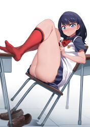 1girl :/ absurdres ass black_hair black_shirt black_skirt blue_eyes blush bow brown_shoes cellphone chair chair_tipping desk feet feet_on_table fingernails full_body gridman_universe highres holding holding_phone knees_up leaning_back legs loafers long_hair looking_at_viewer on_chair panties phone pleated_skirt raised_eyebrow red_bow red_socks school_chair school_desk school_uniform shirt shoes sitting skirt smartphone socks soles solo ssss.gridman sweater_vest takarada_rikka thick_thighs thighs toes underwear unworn_shoes white_panties wow+