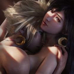 1boy 1girl 3d artist_name black_hair blonde_hair blue_eyes cloud_strife couple crescent crescent_earrings crescent_moon earrings final_fantasy final_fantasy_vii final_fantasy_vii_remake hand_on_another&#039;s_head highres hug jewelry long_hair looking_at_viewer moon red_eyes red_lips ria-neearts spiked_hair square_enix tifa_lockhart topless_female