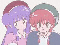 2girls multiple_girls purple_eyes purple_hair ranma-chan ranma_1/2 red_hair saotome_ranma shampoo_(ranma_1/2) shirt sidelocks