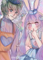 1boy 1girl absurdres animal_ears animification cat_ears duffy_and_friends gelatoni heart highres humanization long_hair long_sleeves looking_at_viewer nonkobsp purple_hair rabbit_ears rabbit_girl shirt smile standing stellalou stuffed_toy