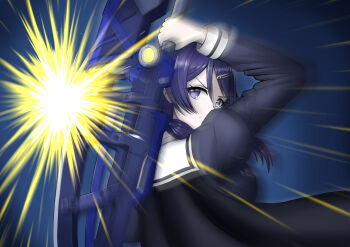 Rule 34 | 1girl, arm up, assault lily, black cape, blocking, blue background, cape, closed mouth, commentary request, from behind, gradient background, hair between eyes, hair ornament, hairclip, highres, holding, holding behind back, holding weapon, holding weapon behind back, juliet sleeves, long hair, long sleeves, looking at viewer, looking back, low twintails, motion blur, puffy sleeves, purple hair, school uniform, solo, sparks, twintails, upper body, v-shaped eyebrows, watanabe akane, weapon, yadoo, yurigaoka girls academy school uniform