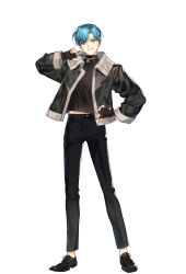 Rule 34 | 1boy, black gloves, black jacket, black pants, black shirt, black shoes, blue eyes, blue hair, clenched teeth, closers, fingerless gloves, full body, gloves, highres, jacket, jewelry, long sleeves, looking at viewer, male focus, nata (closers), necklace, official art, open clothes, open jacket, pants, shirt, shoes, short hair, simple background, solo, teeth, white background