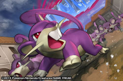 2015 blue_sky cloud cloudy_sky commentary creature creatures_(company) day english_commentary game_freak gen_1_pokemon house looking_at_another match_(idleslumber) nintendo no_humans official_art outdoors pokemon pokemon_(creature) pokemon_tcg portal_(object) portal_(series) portal_1 rattata red_eyes running shadow sky teeth watermark