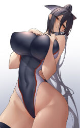 1girl black_hair breasts competition_swimsuit covered_navel demon demon_girl gingami_(giluziru) hair_between_eyes highleg highleg_one-piece_swimsuit highres kanra_rei knife_hair_ornament large_breasts long_hair looking_at_viewer navel official_art one-piece_swimsuit ponytail red_eyes simple_background solo swimsuit tengoku_de_akuma_ga_boku_wo_miwaku_suru very_long_hair white_background