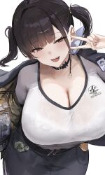 1girl absurdres belt black_belt black_choker black_hair black_jacket black_skirt blush bra_visible_through_clothes breasts choker cleavage commentary ear_ornament goddess_of_victory:_nikke hair_intakes highres huge_breasts jacket liaowen long_hair looking_at_viewer miniskirt mole mole_under_eye open_clothes open_jacket open_mouth opened_by_self pantyhose pencil_skirt red_eyes shirt simple_background skirt smile solo sora_(nikke) twintails v white_background white_shirt