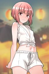Rule 34 | 1girl, absurdres, blunt bangs, blush, front-tie shorts, furaggu (frag 0416), highres, indoors, kantai collection, midriff, navel, night, night sky, pink eyes, pink hair, shirt, short hair, shorts, sky, sleeveless, sleeveless shirt, solo, stomach, thighs, tied shirt, variant set, white shirt, white shorts, z3 max schultz (kancolle)
