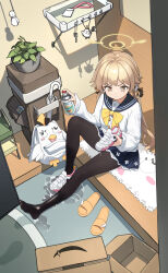 1girl absurdres backpack bag black_pantyhose blue_archive bow box halo hifumi_(blue_archive) highres key long_hair pantyhose peroro_(blue_archive) removing_shoes school_uniform shoes sneakers teruterubouzu wet wet_clothes wet_pantyhose yellow_bow yellow_halo yuyu_guantou_(marky)