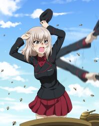 Rule 34 | 1girl, bee, blue eyes, blush, breasts, bug, girls und panzer, highres, insect, itsumi erika, key (gaigaigai123), kuromorimine military uniform, long hair, medium breasts, military uniform, miniskirt, open mouth, outdoors, red skirt, skirt, sky, solo, tears, white hair