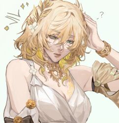 1girl ? aglaea_(honkai:_star_rail) aqua_eyes bare_shoulders blonde_hair bracelet breasts chest_tattoo cleavage colored_eyelashes colored_inner_hair commentary dele7n detached_sleeves dress english_commentary flower gold_bracelet gold_flower gold_necklace gold_wrist_cuffs hair_between_eyes hand_on_own_head hand_up head_down head_wreath highres honkai:_star_rail honkai_(series) jewelry looking_down medium_hair multicolored_eyes multicolored_hair necklace raised_inner_eyebrows simple_background solo sparkle tattoo white_background white_dress white_flower yellow_eyes