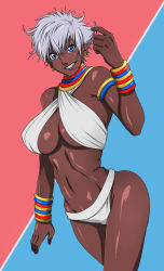 1girl bad_id bad_pixiv_id bare_shoulders bikini blue_eyes bracelet breasts capcom dark-skinned_female dark_skin earrings elena_(street_fighter) female_focus grin hand_in_own_hair highres jewelry large_breasts maaru navel neck_ring necklace short_hair smile solo street_fighter street_fighter_iii_(series) swimsuit white_hair