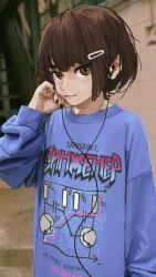 1girl adjusting_hair arm_at_side black_nails blue_sweater blurry blurry_background bob_cut breasts brown_eyes brown_hair cable casual circuit closed_mouth clothes_writing commentary curled_fingers day depth_of_field diagram earbuds earphones hair_between_eyes hair_ornament hairclip hand_up highres looking_at_viewer looking_to_the_side loose_hair_strand messy_hair nail_polish original outdoors photo_background playing_with_own_hair print_sweater russian_commentary russian_text servachok short_hair small_breasts solo stairs standing sweater tanya_(servachok) thick_eyebrows translated upper_body
