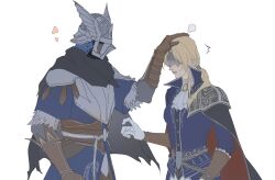 1boy 1girl armor blonde_hair brother_and_sister cape duchess_(elden_ring) elden_ring elden_ring_nightreign geranbb gloves helmet highres long_hair mask shoulder_armor siblings simple_background white_background winged_helmet wylder_(elden_ring)