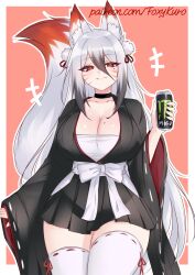 1girl animal_ears black_choker border breasts can choker closed_mouth collarbone colored_tips commentary cowboy_shot english_commentary facial_mark fangs fox_ears fox_girl fox_tail foxykuro grey_hair hand_up highres holding holding_can long_bangs long_hair looking_at_viewer mole mole_on_breast monster_energy multicolored_hair original red_eyes sash sidelocks solo tail thighhighs white_border white_sash white_thighhighs wide_sleeves