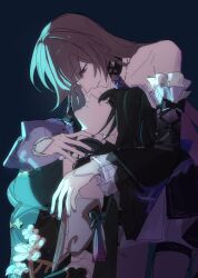 2girls bare_shoulders black_background black_hair blue_dress blue_hair blush brown_hair dress herta_(honkai:_star_rail) highres honkai:_star_rail honkai_(series) long_hair looking_at_another mii_(mii_10297) multicolored_hair multiple_girls parted_lips purple_eyes purple_nails ruan_mei_(honkai:_star_rail) simple_background smile streaked_hair the_herta_(honkai:_star_rail) yuri