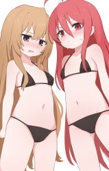 2girls absurdres ahoge aisaka_taiga bare_arms bare_shoulders bikini black_bikini blush breasts brown_eyes brown_hair cameltoe crossover hair_between_eyes highres loli long_hair looking_at_viewer multiple_girls navel nicomi-chan red_eyes red_hair shakugan_no_shana shana simple_background small_breasts standing swimsuit toradora! very_long_hair voice_actor_connection white_background