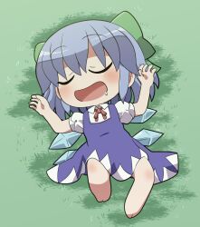 Rule 34 | 1girl, :d, barefoot, blue dress, blue hair, blush, bow, chibi, chibi only, cirno, closed eyes, collared shirt, commentary request, dress, drooling, full body, grass, green bow, hair bow, highres, ice, ice wings, lying, neck ribbon, on back, open mouth, pinafore dress, red ribbon, ribbon, rokugou daisuke, shirt, short hair, short sleeves, signature, sleeveless, sleeveless dress, smile, solo, touhou, white shirt, wings