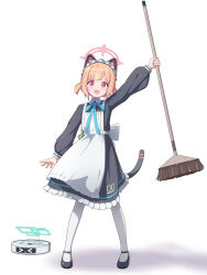 &gt;_&lt; 1girl absurdres animal_ear_headphones animal_ears apron aqua_halo black_dress blonde_hair blue_archive blue_ribbon broom cat_tail commentary_request dress dsfr fake_animal_ears fake_tail halo headphones highres holding holding_broom long_sleeves maid_apron mary_janes momoi_(blue_archive) momoi_(maid)_(blue_archive) official_alternate_costume pantyhose pink_eyes pink_halo ribbon robotic_vacuum_cleaner shadow shoes simple_background standing tail white_background white_pantyhose