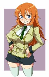 Rule 34 | 1girl, ashford academy school uniform, belt, black skirt, blue eyes, breasts, charlotte e. yeager, code geass, collared shirt, cosplay, dress shirt, green necktie, grin, hands on own hips, jacket, kin-san (sasuraiga), large breasts, long hair, look-alike, name connection, necktie, orange hair, pencil skirt, purple background, school uniform, shirley fenette, shirley fenette (cosplay), shirt, skirt, smile, solo, strike witches, thighhighs, two-tone background, white shirt, white thighhighs, world witches series, yellow jacket