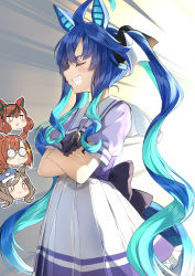 0_0 4girls :&gt; absurdres ahoge animal_ears blouse blue_hair blue_headwear blue_shirt blush brown_hair chibi chibi_inset closed_mouth commentary_request crossed_arms ears_through_headwear closed_eyes flat_cap frilled_skirt frills glasses grey-framed_eyewear grin hat highres horse_ears horse_girl horse_tail ikuno_dictus_(umamusume) long_hair matikane_tannhauser_(umamusume) minamisaka_(umamusume) multicolored_hair multiple_girls nice_nature_(umamusume) opaque_glasses parted_lips pentagon_(railgun_ky1206) pleated_skirt puffy_short_sleeves puffy_sleeves purple_shirt school_uniform sharp_teeth shirt short_sleeves sideways_mouth skirt smile sparkle streaked_hair sweatdrop tail teeth tilted_headwear tracen_school_uniform twin_turbo_(umamusume) twintails two-tone_hair umamusume very_long_hair white_hair white_skirt