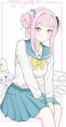 1girl absurdres alternate_costume alternate_hairstyle aqua_sailor_collar aqua_skirt black_scrunchie blue_archive bow bowtie commentary_request crescent dated_commentary double_bun feathered_wings hair_bun hair_ornament hair_scrunchie halo highres long_sleeves looking_at_viewer low_wings mika_(blue_archive) natsumeg pink_hair pink_halo pleated_skirt sailor_collar scrunchie shirt sidelocks sitting skirt smile solo trinity_general_school_logo white_background white_scrunchie white_shirt white_wings wings yellow_bow yellow_bowtie yellow_eyes