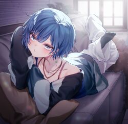 1girl backlighting bare_shoulders barefoot black_socks blue_eyes blue_hair blurry blurry_background blush cardigan closed_mouth clover_hair_ornament collarbone commentary couch cushion depth_of_field feet_up full_body hair_ornament head_rest highres indoors jewelry kiritani_haruka long_sleeves looking_at_viewer lying multicolored_cardigan necklace off_shoulder official_alternate_costume official_alternate_hairstyle on_couch on_stomach pants plant potted_plant project_sekai sabata_han short_hair sidelocks sleeves_past_fingers sleeves_past_wrists socks solo spaghetti_strap the_pose white_pants window zozotown