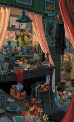 animated animated_gif apple ceiling_light commentary cup cupcake curtains dated_commentary desk disposable_cup english_commentary evening flower flower_pot food fruit highres indoors jar light_particles loaded_interior looping_animation no_humans original painting_(object) pear pixel_art plant plate potted_plant scenery stool sunlight table teacup vase waneella window