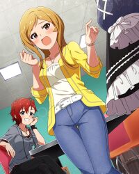 2girls belt blue_eyes brown_hair card_(medium) ceiling_light chair crossed_legs denim earrings game_cg grin hand_on_own_face idolmaster idolmaster_million_live! idolmaster_million_live!_theater_days jacket jeans jewelry julia_(idolmaster) momose_rio multiple_girls necklace official_art open_mouth pants pointing red_eyes red_hair sitting smile star_tattoo table tattoo wristband
