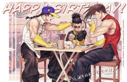 3boys aged_down arm_up bare_shoulders baseball_cap biting_own_lip black_pants braid bridal_gauntlets brothers brown_hair bruise bruise_on_face child chinese_clothes chopsticks closed_mouth collared_shirt commentary commentary_request crying english_commentary english_text feet_out_of_frame firefrog_152 food hand_on_another&#039;s_head hand_on_table happy_birthday hat highres holding holding_food injury jacket jamie_siu long_bangs long_braid long_hair long_sleeves looking_at_another male_focus mandarin_collar mixed-language_commentary multicolored_jacket multicolored_sleeves multiple_boys open_mouth pants plate popped_collar red_shirt rubbing_eyes saucer shirt siblings single_bang single_braid sitting sleeveless steamed_bun stool street_fighter table tears teeth twins upper_teeth_only white_shirt wooden_stool wooden_table yang_lee yellow_bridal_gauntlets yun_lee zipper