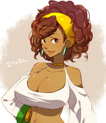 Rule 34 | 1girl, bemani, breasts, brown eyes, brown hair, cleavage, collarbone, curly hair, dark-skinned female, dark skin, earrings, gold choker, hairband, jewelry, kiri futoshi, large breasts, looking at viewer, mary (pop&#039;n music), open mouth, pop&#039;n music, shirt, short hair, solo, translation request, upper body, white shirt, yellow hairband