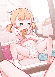 1girl animal_print arm_support artist_name bare_legs barefoot bedroom blonde_hair blue_eyes blush diaper feet female_focus female_pov hair_tie heart highres holding holding_phone indoors loli mirror monchichiwa on_floor original phone pink_shirt pov print_diaper reflection selfie shirt short_hair short_twintails single_sock sitting sleeveless sleeveless_shirt socks solo spread_legs thighs toes twintails white_socks
