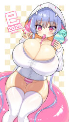 1girl 2025 animal_hood bare_shoulders blush border breasts bursting_breasts chinese_zodiac cleavage cup curvy food hair_ribbon highres hood hood_up huge_breasts ice_cream_cup ice_cream_scoop_(utensil) impossible_clothes impossible_shirt long_eyelashes long_hair on_ball oppai_loli original panties pink_ribbon purple_hair red_eyes ribbon riko_(shuz) shirt shortstack shuz_(dodidu) sitting snake snake_hood solo striped_clothes striped_panties thighhighs thighs twintails undersized_clothes underwear very_long_hair white_border year_of_the_snake