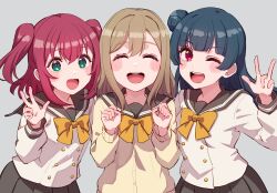 3girls :d ;d ^_^ absurdres aqua_eyes blue_hair blunt_bangs blush bow bowtie brown_hair buttons cardigan closed_eyes commentary cream_(nipakupa) double-breasted double-parted_bangs facing_viewer grey_background grey_sailor_collar grey_skirt hair_bun highres kunikida_hanamaru kurosawa_ruby long_hair long_sleeves looking_at_viewer love_live! love_live!_sunshine!! medium_hair multiple_girls one_eye_closed open_mouth pleated_skirt red_eyes red_hair sailor_collar school_uniform serafuku sidelocks simple_background single_side_bun skirt smile symbol-only_commentary tsushima_yoshiko two_side_up upper_body uranohoshi_school_uniform w winter_uniform yellow_bow yellow_bowtie yellow_cardigan